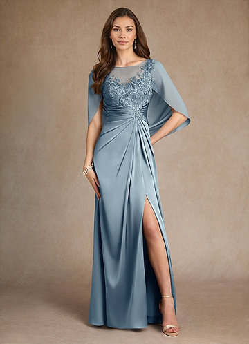 Azazie Hera Mother of the Brides Dresses Dusty Blue A-Line Lace Stretch Satin Dress image1 0