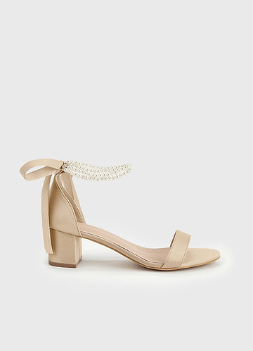 front Matching Color Matte Satin Pearl and Bow Open Toe Chunky Heel Sandals