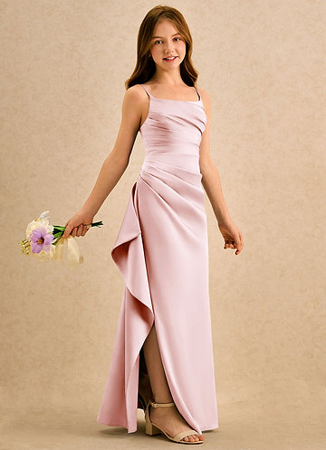 Azazie Cannoli Girls Formal Flower Girl Dresses Vestido Rosa Corado de Cetim elástico de Linha A com Plissado image1