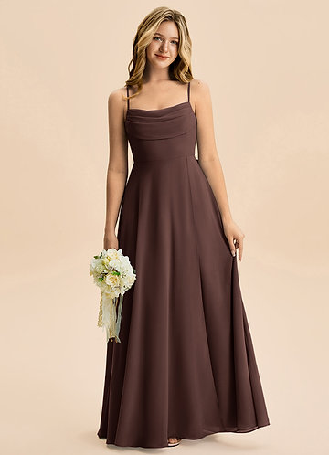 brown junior bridesmaid dresses Off the Shoulder Floor Length Chiffon Junior Bridesmaid Dress, Brown