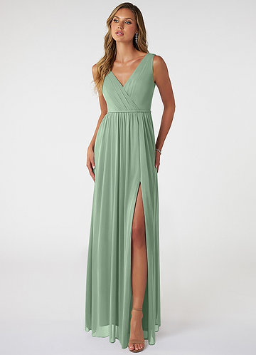 Azazie Tanicia Bridesmaid Dresses Matcha A-Line V-Neck Pleated Mesh Dress image1