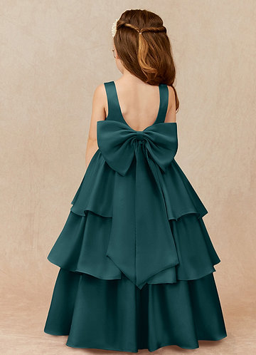 Azazie Margie Flower Girl Dresses Pine A-Line Bow Stretch Satin Dress image1