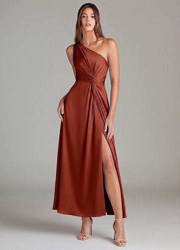 Azazie Brooke Robes Demoiselle d'honneur Robe Trapèze en Satin extensible Une épaule Terracotta image1