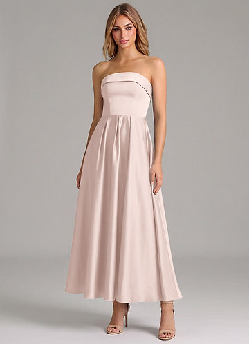 Azazie Lucienne Robes Demoiselle d'honneur Robe Trapèze en Satin extensible Plissée Rose Pâle image1