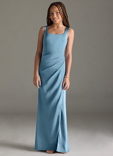 Azazie Mero Junior Vestido de Azul Acero de Satén Elástico de Corte Sirena con Plisado image1