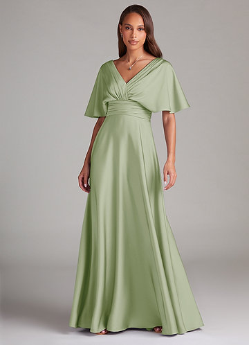 Azazie Pamela Robes Demoiselle d'honneur Robe Trapèze en Satin extensible Plissée Vert Sauge image1