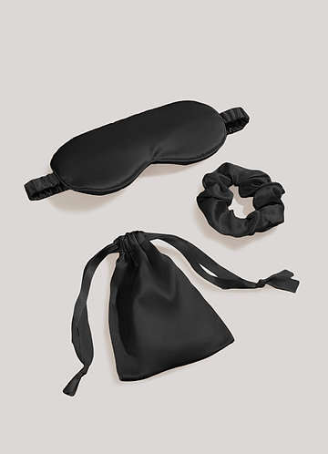 front Czarny Zestaw gumek do włosów i maski na oczy z satyny
