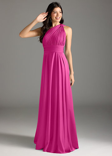 Azazie Charlize Vestidos Dama de Honor Vestido de Fucsia de Satén Elástico de Corte en A con Hombro unilateral image1
