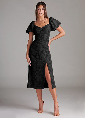 Evalina Black Puff Sleeves Midi Dress image1