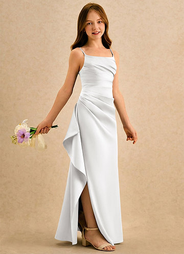Azazie Cannoli Girls Formal Blomsterpigekjoler A-Line Plisseret Mat satin Gulv-længde Kjole image1