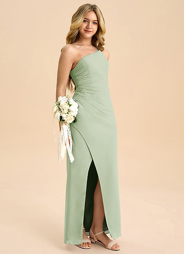 Azazie Eren Junior Vestido Dusty Sage de Chiffon de Linha A com Plissado image1