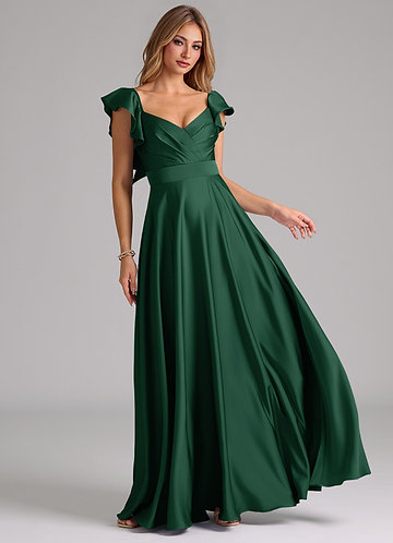 Azazie Leilani Bridesmaid Dresses Dark Green A-Line Ruched Stretch Satin Dress image1