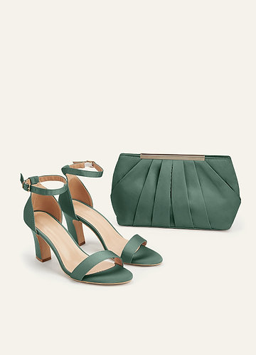 front Matching Color Stretch Satin Chunky Heel Sandals & Pleated Clutch Set