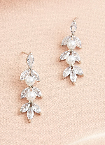 front Rhinestone Leaves and Pearls Drop Earrings