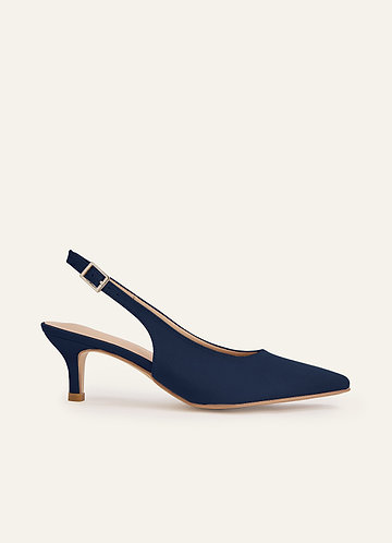 front Matching Color Matte Satin Pointed Toe Slingback Kitten Heel