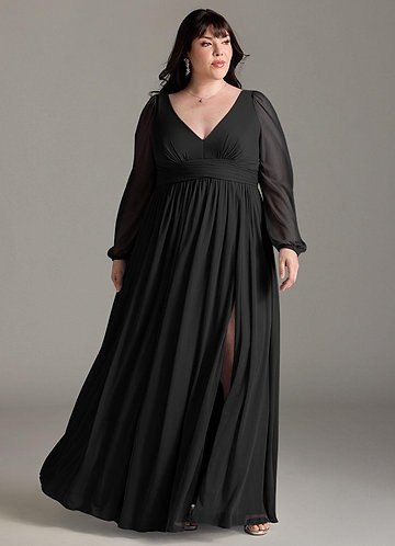 Azazie Norah Bridesmaid Dresses Vestido Preto de Chiffon de Linha A com Manga comprida image1