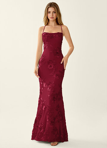 Kailani Burgund 3D-Blumen-Korsett-Meerjungfrauen-Schnürung am Rücken, Ballkleid front