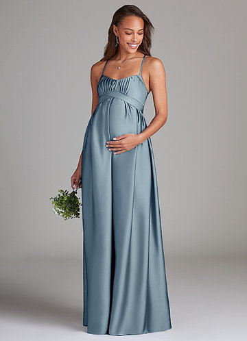 Azazie Llana Maternity Bridesmaid Dresses Vestir Linha A com bolsos Comprimento do chão Cetim elástico image1