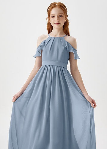 Azazie Chaya Junior Dusty Blue A-Line Off the Shoulder Chiffon Dress image1