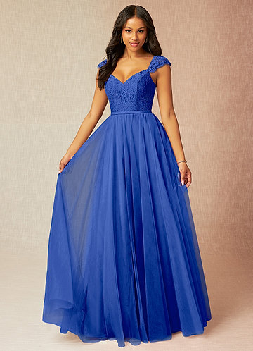 Azazie Luxi Vestidos de Dama de Honor Vestido Royal Blue de Tule de Linha A com Plissado image1