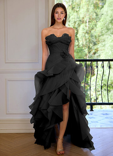 Aurelia Negru Rochie de bal asimetrică, cu imprimeu floral și decolteu în formă de inimă, în linie A și volane front