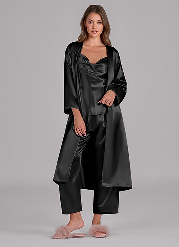 front Ensemble de vêtements d'intérieur 3 pièces en satin à manches longues