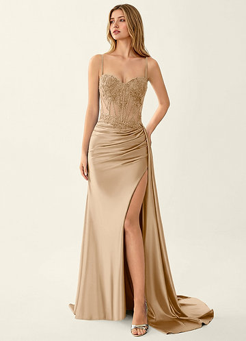 Celestianora Champagne Corset Stretch Satin Mermaid High Slit Prom Dress image1