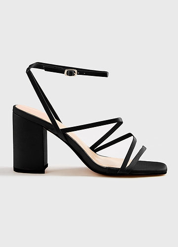 front Matching Color Matte Satin Ankle Strap Block Heel Sandals