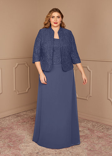 Azazie Cornelia Robe Mère de la Mariée & du Marié Robe Fourreau en Mousseline de soie Encolure carrée paillettes Bleu Orageux image1