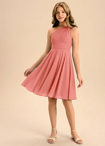 Azazie Charlize Junior Salmon Pink A-Line Pleated Chiffon Dress image1