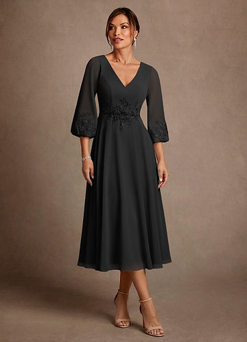 Azazie Ana Mother of the Bride Dresses Vestido Preto de Chiffon de Linha A com Renda image1