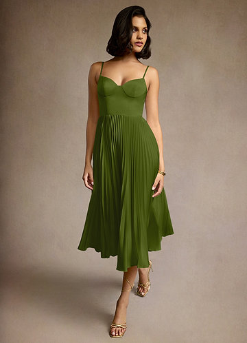 Emma Olive Green Pleated Midi Dress image1