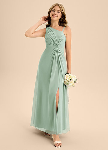 Azazie Brooke Junior Abito A-Line in Chiffon Spacco Laterale Agave image1