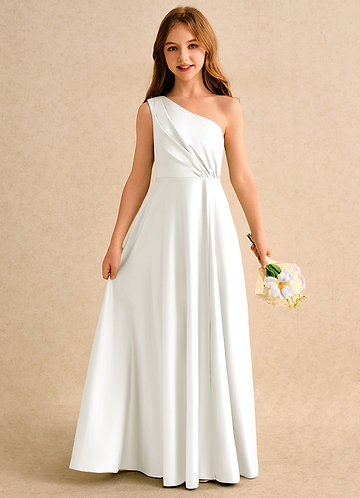 Azazie Puddles Girls Formal Flower Girl Dresses Ivory A-Line One Shoulder Matte Satin Dress image1