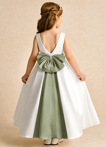 Azazie Cherry Flower Girl Dresses Ivory Pistachio Ball-Gown Pleated Matte Satin Dress image1