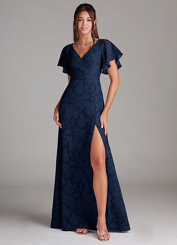 Azazie Ambrosia Robes Demoiselle d'honneur Robe Trapèze en Blumen-Burnout Plissée Bleu Marine Foncé image1