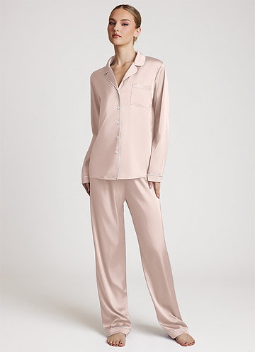 front Blushing Pink Long Sleeves and Pants Satin PJ Set