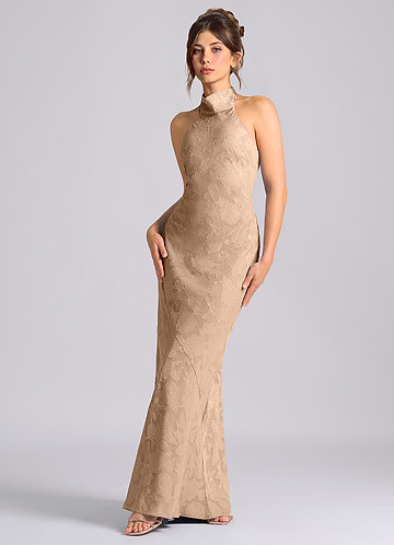 Champagne High Neck Bridesmaid Dresses | Azazie Champagne High Neck Bridesmaid Dresses | Azazie
