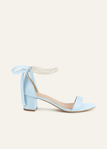 front Matching Color Matte Satin Pearl and Bow Open Toe Chunky Heel Sandals