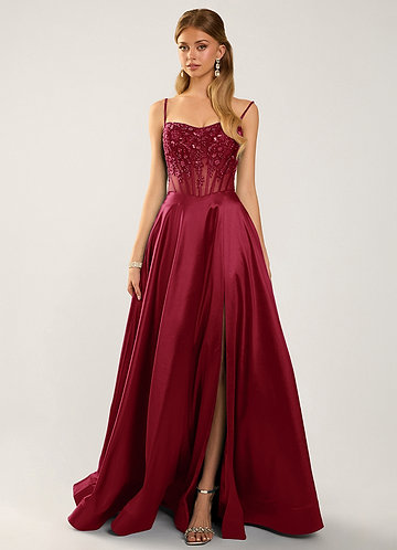 Saogrien Burgund Satin-Abendkleid mit Spitze, Pailletten und Stickerei image1