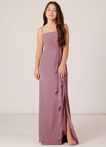 Azazie Kaylee Junior A라인 벨트 포함 쉬폰 플로어 길이 주니어 신부 들러리 드레스 image1