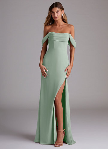 Azazie Saige Bridesmaid Dresses Agave A-Line Off the Shoulder Chiffon Convertible Dress image1