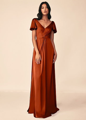 orange floral bridesmaid dress Romantic Long Lantern Sleeves Split Tulle Bridesmaid Dresses with Chai main image 0