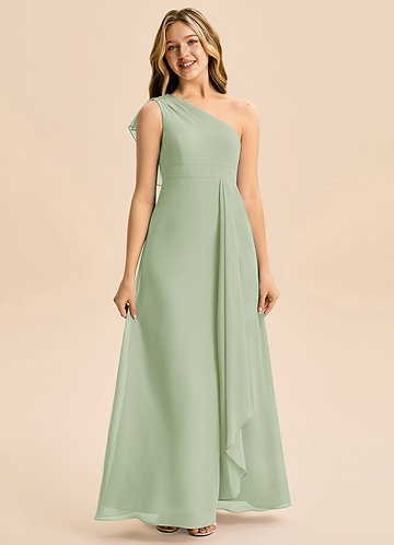 Azazie Delilah Junior Dusty Sage A-Line Ruched Chiffon Dress image1