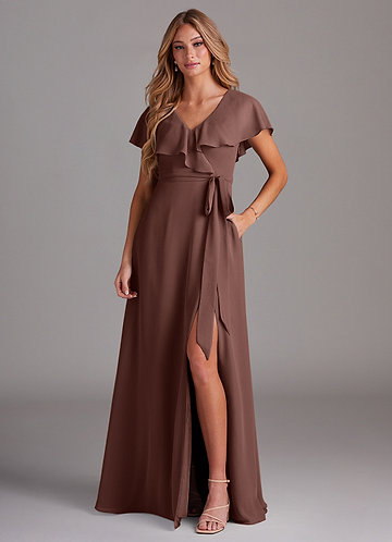 Azazie Lainey Bridesmaid Dresses Espresso A-Line with Pockets Chiffon Dress image1
