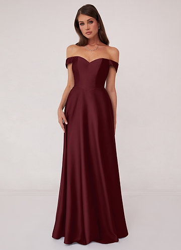 Barbie ♥ Azazie Bridesmaid Dresses Cabernet A-Line Off the Shoulder Stretch Satin Convertible Dress image1