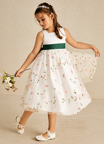 Azazie Pollie Flower Girl Dresses Blushing Pink Dark Green A-Line Bow Tulle Dress image1