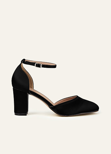 front Satin Ankle Strap Pointed Toe Block Heels