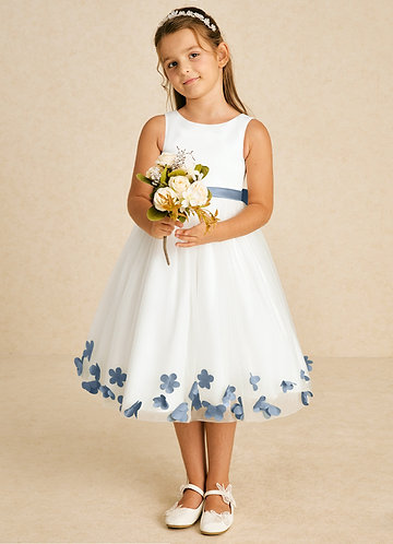 Azazie Dot Flower Girl Dresses Ivory Dusty Blue A-Line Bow Tulle Dress image1