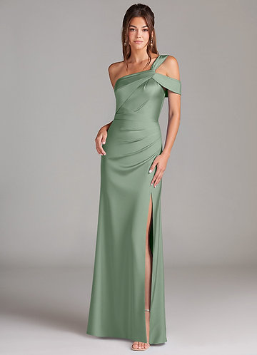Azazie Wynter Vestidos Dama de Honor Vestido de Matcha de Satén Elástico de Corte Recto con Vestidos sin tirantes image1